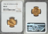 Pius XII gold 100 Lire Anno VIII (1946) MS63 NGC, KM39. Fully brilliant and quite attractive. A low mintage of only 1,000 pieces.

HID09801242017