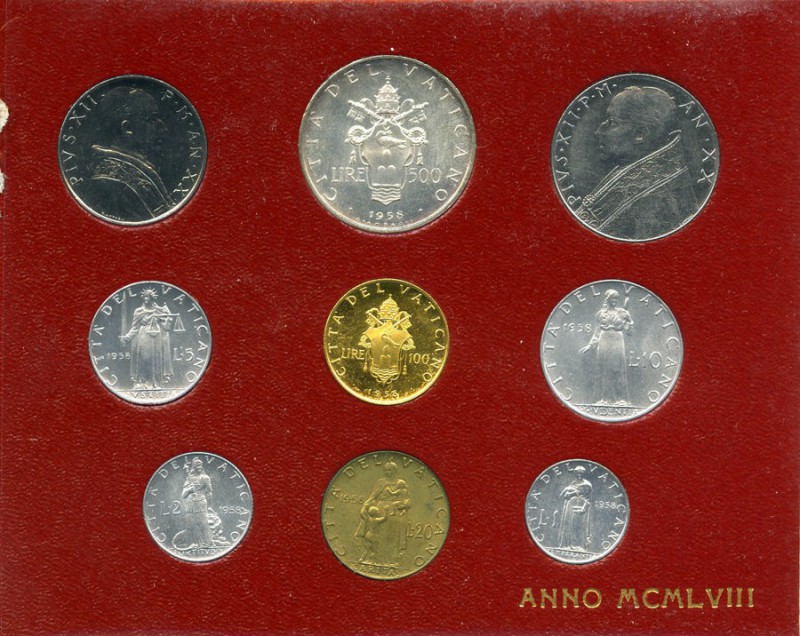 Pius XII 9-Piece Uncertified Mint Set Anno XX (1958) UNC, 1) Lire, KM49.1 2) 2 L...