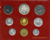 Pius XII 9-Piece Uncertified Mint Set Anno XX (1958) UNC, 1) Lire, KM49.1 2) 2 Lire, KM50 3) 5 Lire, KM51.1 4) 10 Lire, KM52.1 5) 20 Lire, KMA52.2 6) ...