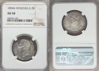 Republic 2 Bolivares 1894-A AU58 NGC, KM-Y23. A very rare denomination, residing on the border of Mint State; boldly struck with near complete detail ...