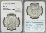 Republic 5 Bolivares 1919 AU58 NGC, Philadelphia mint, KM24. Minor scratches and very light wear, otherwise lustrous and lightly toned, an attractive ...