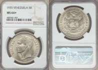 Republic 5 Bolivares 1935 MS64+ NGC, Philadelphia mint, KM-Y24.2. Almost entirely without detriment, surfaces satiny and of a pleasing mint argent col...