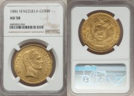 Republic gold 100 Bolivares 1886 AU58 NGC, Caracas mint, KM-Y34, Fr-2. Cartwheel luster persists beneath delicately toned mustard surfaces, minor cont...