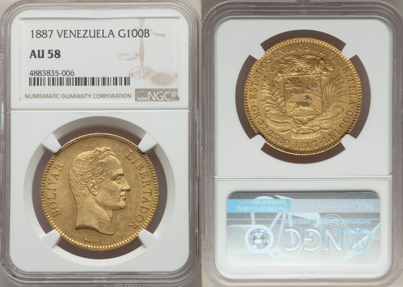 Republic gold 100 Bolivares 1887 AU58 NGC, Caracas mint, KM-Y34, Fr-2. Lightly t...