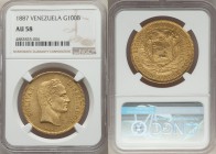 Republic gold 100 Bolivares 1887 AU58 NGC, Caracas mint, KM-Y34, Fr-2. Lightly toned, only one or two notable scratches to the obverse with the remain...