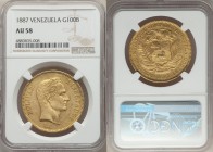 Republic gold 100 Bolivares 1887 AU58 NGC, Caracas mint, KM-Y34, Fr-2. Moderate bagmarks to the obverse in line with the grade but little actual circu...
