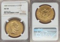 Republic gold 100 Bolivares 1889 AU58 NGC, Caracas mint, KM-Y34, Fr-2. The final year for this short-lived four year type, bearing the usual scattered...