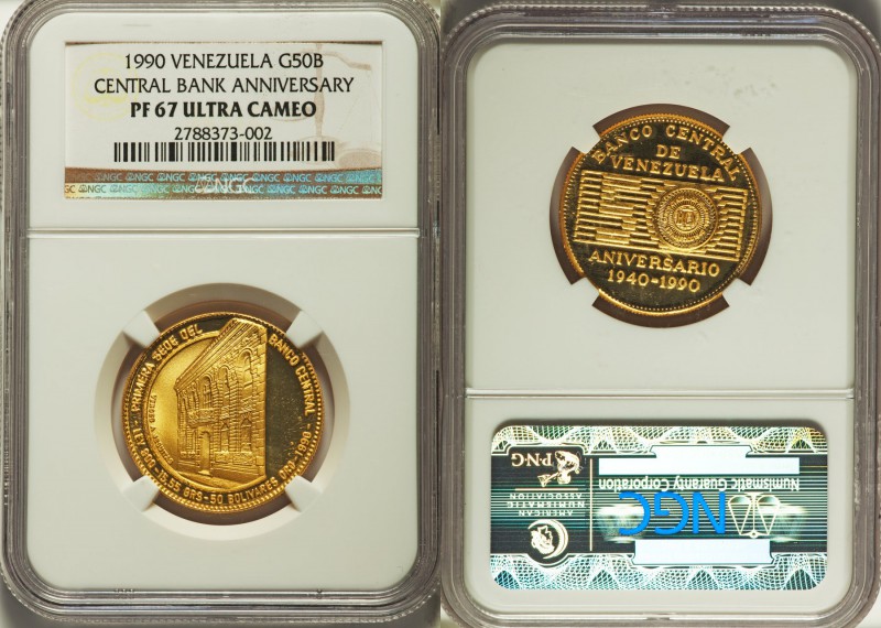 Republic gold Proof "Central Bank Anniversary" 50 Bolivares 1990 PR67 Ultra Came...