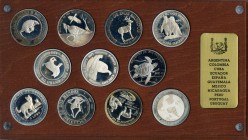 11-Piece Lot of Uncertified silver "Environmental Protection" Proof Set 1994, 1) Argentina: Republic 25 Pesos 2) Cuba: Republic 10 Pesos, KM541 3) Uru...