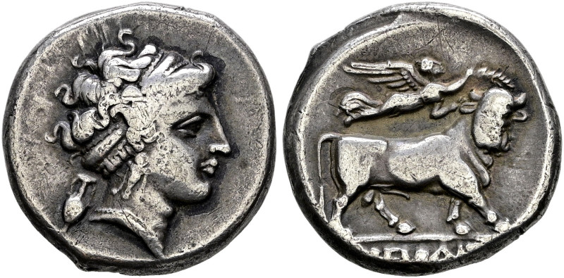 Kampania. Neapolis 
Nomos 320-275 v. Chr. Nymphenkopf nach rechts / Menschenköp...