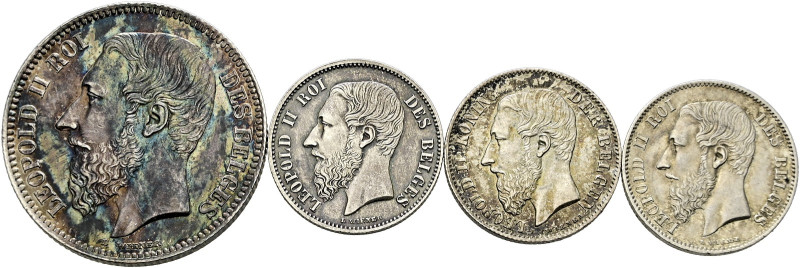 Belgien-Königreich. Leopold II. 1865-1909 
Lot (4 Stücke): 50 Centimes 1866 und...
