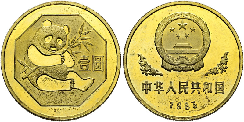China-Volksrepublik. 
1 Yuan 1983. Messing (Bronze). Sitzender Panda mit Bambus...