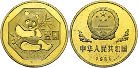 China-Volksrepublik. 
1 Yuan 1983. Messing (Bronze). Sitzender Panda mit Bambuszweig im Achteck. KM 85.
minimal fleckig, verkapselt, Polierte Platte