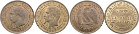Frankreich-Königreich. Napoleon III. 1852-1870 
Lot (2 Stücke): Cu-10 Centimes 1852 -Paris- sowie Module de 10 Centimes 1853. Besuch in Lille. Gad. 2...