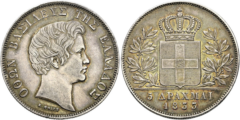Griechenland. Otto von Bayern 1832-1862 
5 Drachmen 1833 -München-. Divo 10a, K...
