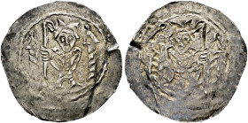 Konstanz, Bistum. Unbestimmter Bischof 
Dünnpfennig 1160/1170. Stehender Bischof mit Mitra, der in seiner Rechten einen Krummstab hält, seitlich je e...
