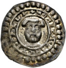 St. Gallen, Münzstätte der Abtei. Ulrich IV. 1167-1199 
Brakteat 1180-1190. Tonsurierter, bärtiger Kopf des heiligen Gallus von vorn. Umschrift: MONE...