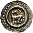 St. Gallen, Münzstätte der Abtei. Ulrich VI. 1204-1220 
Brakteat um 1240. Stehendes Lamm nach links mit zurückgewandtem Kopf, dahinter ein Krummstab....