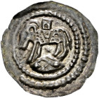 Schaffhausen (Abtei Allerheiligen). 
Brakteat 1180/1190. Über einem Spitzdach nach links springender Schafbock mit einem Türmchen auf dem Rücken, rec...