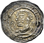 Kempten, Abtei. Landfried 1170-1187 
Dünnpfennig 1170/1180. Brustbild eines tonsurierten Abts mit Krummstab nach links, am Rand Trugschrift. Klein/Ul...