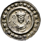 Ulm, königliche Münzstätte. Friedrich II. 1215-1250 
Brakteat um 1235. Gekröntes Brustbild, links ein reich verzierter Flügel. Der rechte Arm ist am ...