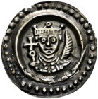 Ulm, königliche Münzstätte. Friedrich II. 1215-1250 
Brakteat 1250-1270. Gekröntes Brustbild mit einem Kreuzstab in der Rechten und einem Palmzweig i...