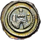 Ravensburg, königliche Münzstätte. 
Brakteat 1180-1190. Ähnlich wie vorher, aber auf den Kuppeltürmen sind größere gestielte Ringel angebracht und di...