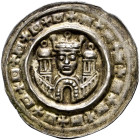Ravensburg, königliche Münzstätte. 
Brakteat 1230-1240. Gekrönter Kopf, der sich über einem mit Perlen besetzten Stadttor erhebt und von zwei Kuppelt...