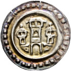 Ravensburg, königliche Münzstätte. 
Brakteat 1250-1270. Dreitürmige Torburg aus drei gedeckten Zinnentürmen mit je einem Fenster. Der zweistöckige Mi...