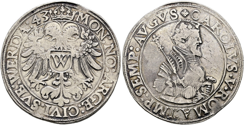 Donauwörth, Stadt. 
Taler 1543. Mit Brustbild und Titulatur Kaiser Karl V. Gebh...