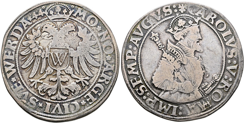Donauwörth, Stadt. 
Taler 1544. Mit Brustbild und Titulatur Kaiser Karl V. Gebh...