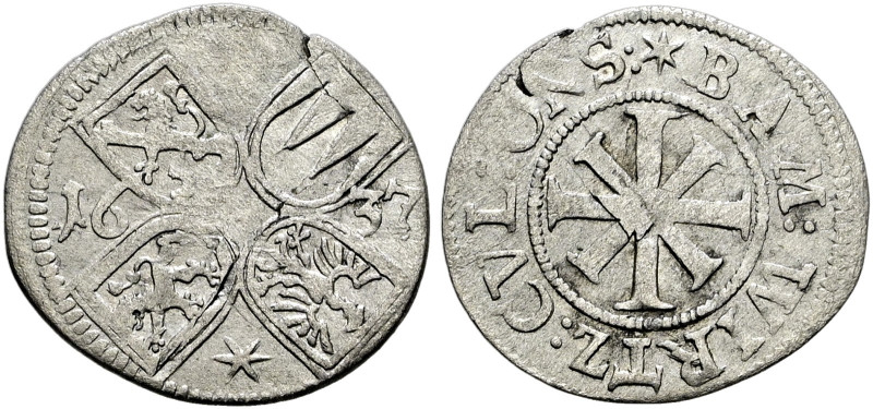 Fränkischer Kreis. 
Kreuzer 1637 -Nürnberg-. Vier ins Kreuz gestellte Wappen zw...