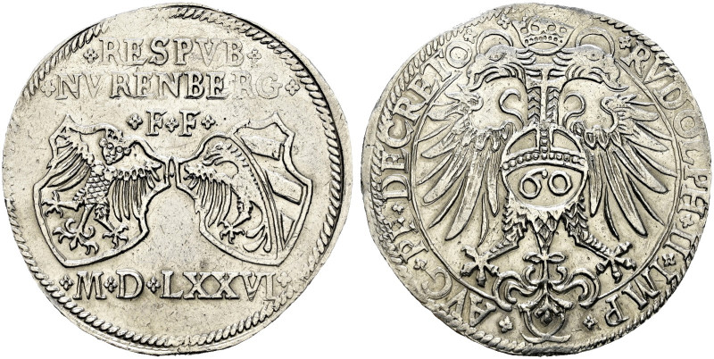 Nürnberg, Stadt. 
Reichsguldiner zu 60 Kreuzer 1576. Zwei Stadtwappen über der ...