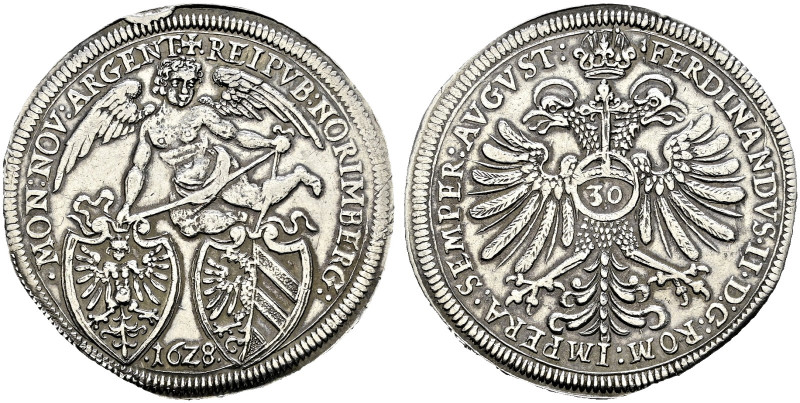 Nürnberg, Stadt. 
1/2 Reichsguldiner zu 30 Kreuzer 1628 (aus 1627 im Stempel ge...