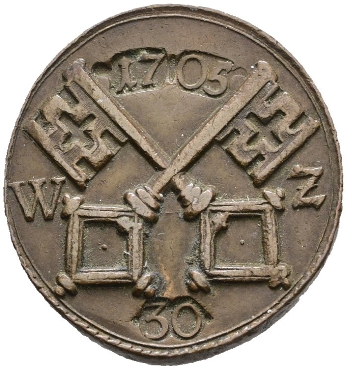 Regensburg, Stadt. 
Dicke, einseitige Kupfermarke 1705. Die gekreuzten Stadtsch...