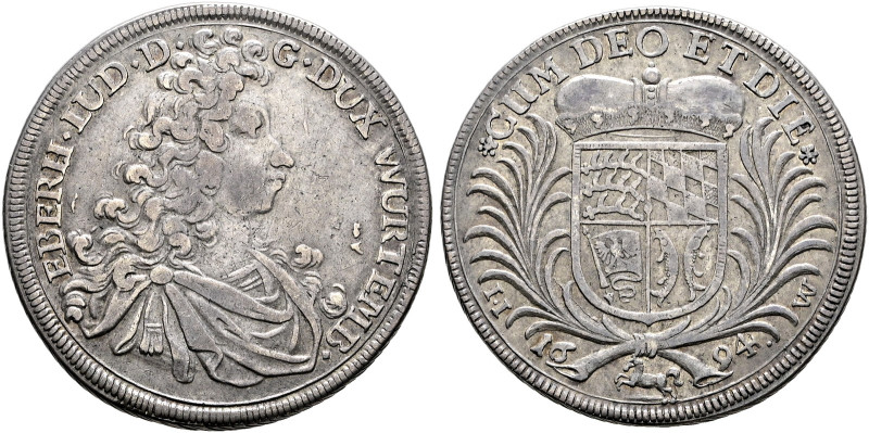 Württemberg. Eberhard Ludwig 1693-1733 
1/4 Taler 1694. Mit schrägem Riffelrand...