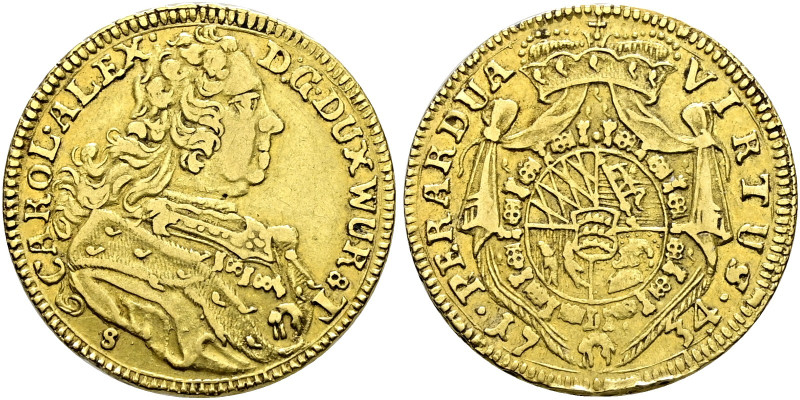 Württemberg. Karl Alexander 1733-1737 
1/2 Karolin 1734. Brustbild Typ 3 mit Si...