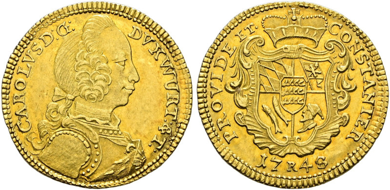 Württemberg. Karl Eugen 1744-1793 
Dukat 1748. Stempel von V. Schrempf. Geharni...
