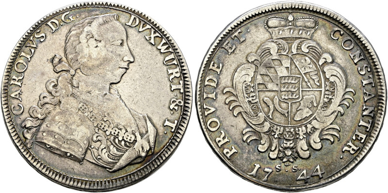 Württemberg. Karl Eugen 1744-1793 
Taler 1744. Stempel von V. Schrempf. Gepanze...