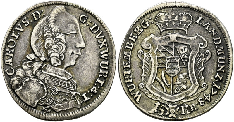 Württemberg. Karl Eugen 1744-1793 
15 Kreuzer 1748. KR 277a, Ebner 73. -Walzenp...