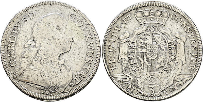 Württemberg. Karl Eugen 1744-1793 
2/3 Reichstaler 1759. KR 349, Ebner 133, Dav...