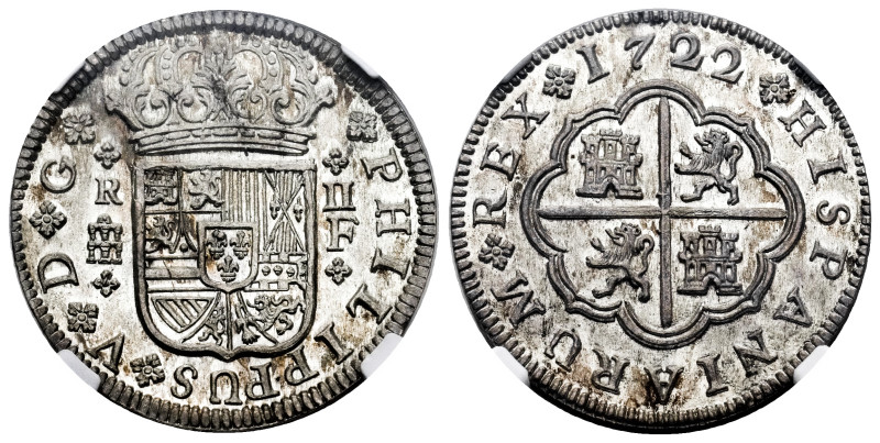 Philip V (1700-1746). 2 reales. 1722. Segovia. F. (Cal-956). Ag. Superb specimen...