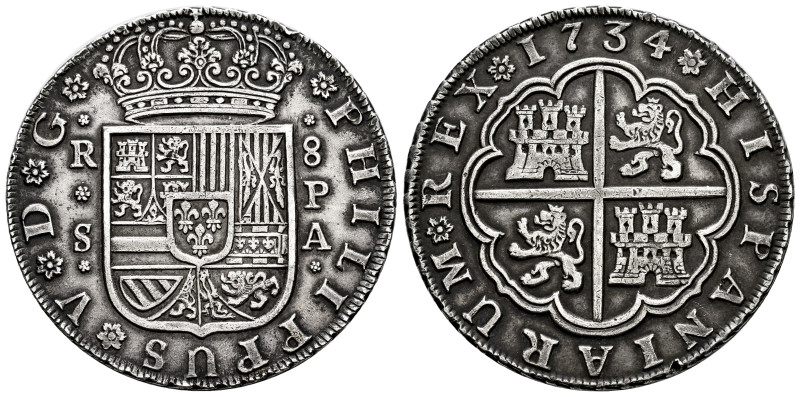 Philip V (1700-1746). 8 reales. 1734. Sevilla. PA. (Cal-1627). Ag. 26,91 g. Beau...