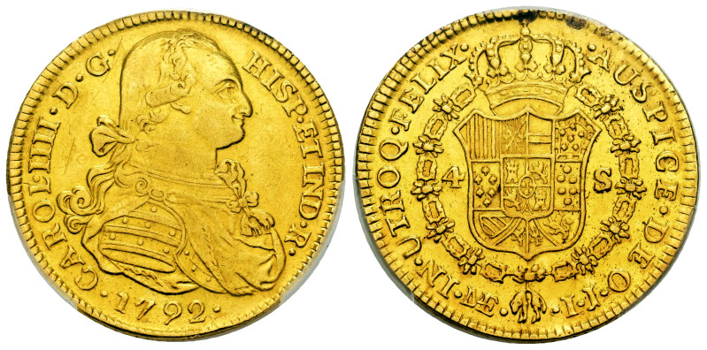 Charles IV (1788-1808). 4 escudos. 1792. Lima. IJ. (Cal-1454). Au. The coin has ...