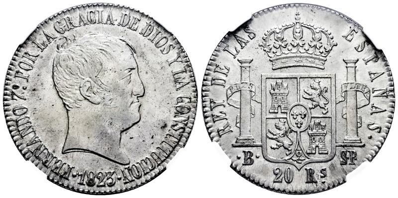 Ferdinand VII (1808-1833). 20 reales. 1823. Barcelona. SP. (Cal-1146). Ag. Toned...