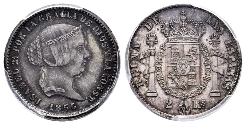 Elizabeth II (1833-1868). 2 reales. 1855. Madrid. (Cal-371). Ag. Trial specimen ...