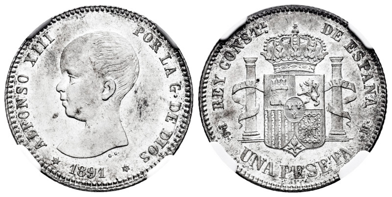 Alfonso XIII (1886-1931). 1 peseta. 1891*18-91. Madrid. PGM. (Cal-53). Ag. It re...