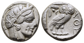 ATTICA. Athens.(Circa 454-404 BC).Tetradrachm.

Obv : Helmeted head of Athena right.

Rev : AΘE.
Owl standing right, head facing; olive sprig and cres...