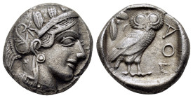 ATTICA. Athens.(Circa 454-404 BC).Tetradrachm.

Obv : Helmeted head of Athena right.

Rev : AΘE.
Owl standing right, head facing; olive sprig and cres...