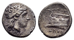 BITHYNIA.Kios.(Circa 350-300 BC).Hemidrachm.

Obv : KIA.
Laureate head of Apollo right.

Rev : ΠPOΞENOΣ.
Prow of galley left, ornamented with star and...